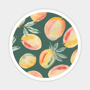 Watercolor painting of yellow mangoes on green pine background Magnet